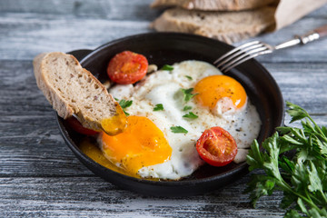 Fried egg. Close up view of the fried egg on a frying pan with cherry tomatoes and parsley
