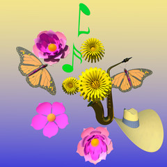Summer time 3D illustration. Flowers, butterfly, hat, music, gradient background. Collection.