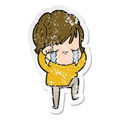 distressed sticker of a cartoon woman crying