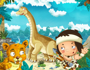 cartoon scene with caveman near the sea shore looking at some happy and funny giant dinosaur diplodocus and sabre tooth tiger - illustration for children