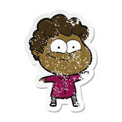 distressed sticker of a cartoon happy man