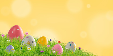 Painted eggs and flowers in grass