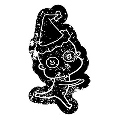 cartoon distressed icon of a weird bald spaceman running wearing santa hat