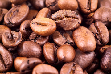 roasted coffee grains. Macro shot