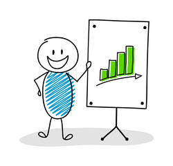 Funny hand drawn stickman with whiteboard and business graph icon. Vector