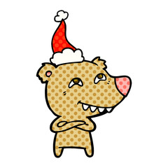 comic book style illustration of a bear showing teeth wearing santa hat
