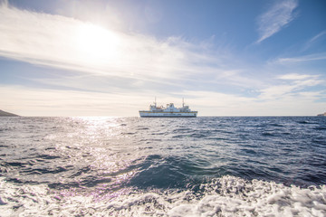 Mdina, Malta - November, 2018: Gozo Boat in Amazing blue waters of the Mediterranean Sea near Malta near blue grotto from a boat