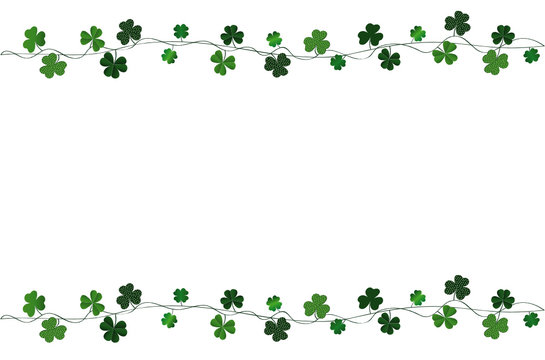 Green festive bunting with clover. Irish holiday - Happy St. Patrick's Day with a garland of three-leaf. Greeting card, poster, banner. Vector