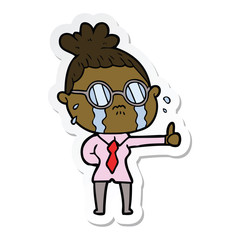 sticker of a cartoon crying woman wearing spectacles