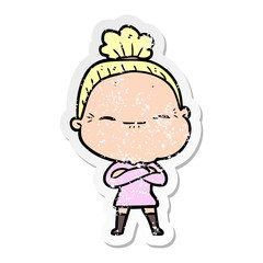 distressed sticker of a cartoon peaceful old woman