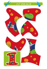 Cut and glue worksheet: number 1.  Educational game for kids. Learning numbers.