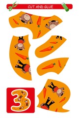 Cut and glue worksheet: number 3.  Educational game for kids. Learning numbers.