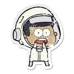 distressed sticker of a cartoon surprised astronaut