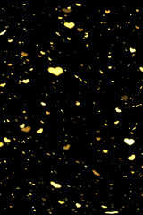 Gold and yellow hearts bokeh overlay, hearts photo overlay, abstract background, shiny gold and yellow hearts flowing around. Photo overlay effect, hearts bokeh on black background, JPG file.