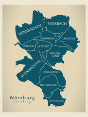 Modern City Map - Wurzburg city of Germany with boroughs and titles DE