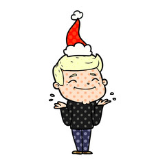 happy comic book style illustration of a man shrugging wearing santa hat