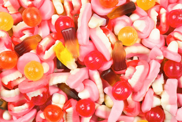 Assorted gummy candies. Top view. Jelly  sweets.