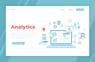 Analytics concept, Analysis, Analyzing, Data processing, Success strategy. Laptop with graphs and charts and  Infographic Elements. landing page for web, banner. Vector illustration.