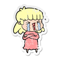 distressed sticker of a cartoon woman in tears
