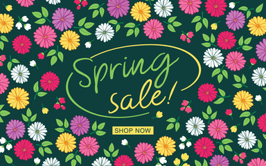 Spring sale. Promotional poster with hand drawn flowers. Dark green background. Vector illustration.