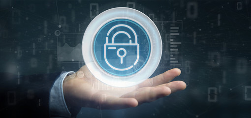 Businessman holding Security padlock wheel icon with stats and binary code 3d rendering