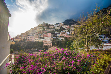 Positano, Italy - November, 2018: Beautiful houses and street in Positano shore. Amalfi coast, Italy