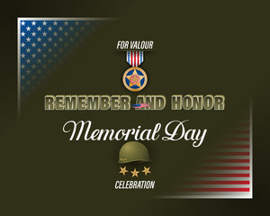 Obraz premium Holiday design, background with handwriting and 3d texts, military medal and national flag colors for Memorial day, event, celebration; Vector illustration