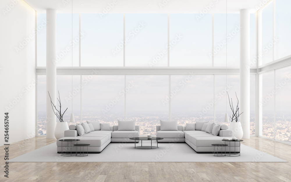 Poster view of white double space living room in minimal style with twin sofa and furniture on laminate flo