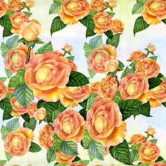 Flowers A branch of roses with leaves, flowers and buds. Watercolor. Seamless background. Collage of flowers and leaves on a watercolor background. Use printed materials, signs, items, websites, maps.
