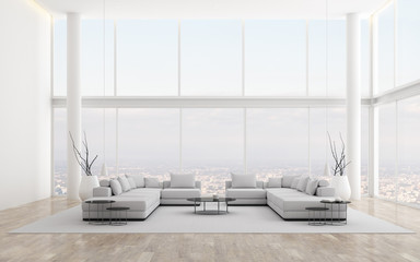 View of white double space living room in minimal style with twin sofa and furniture on laminate floor .Interior design with high glass panel on city background. 3d rendering.	