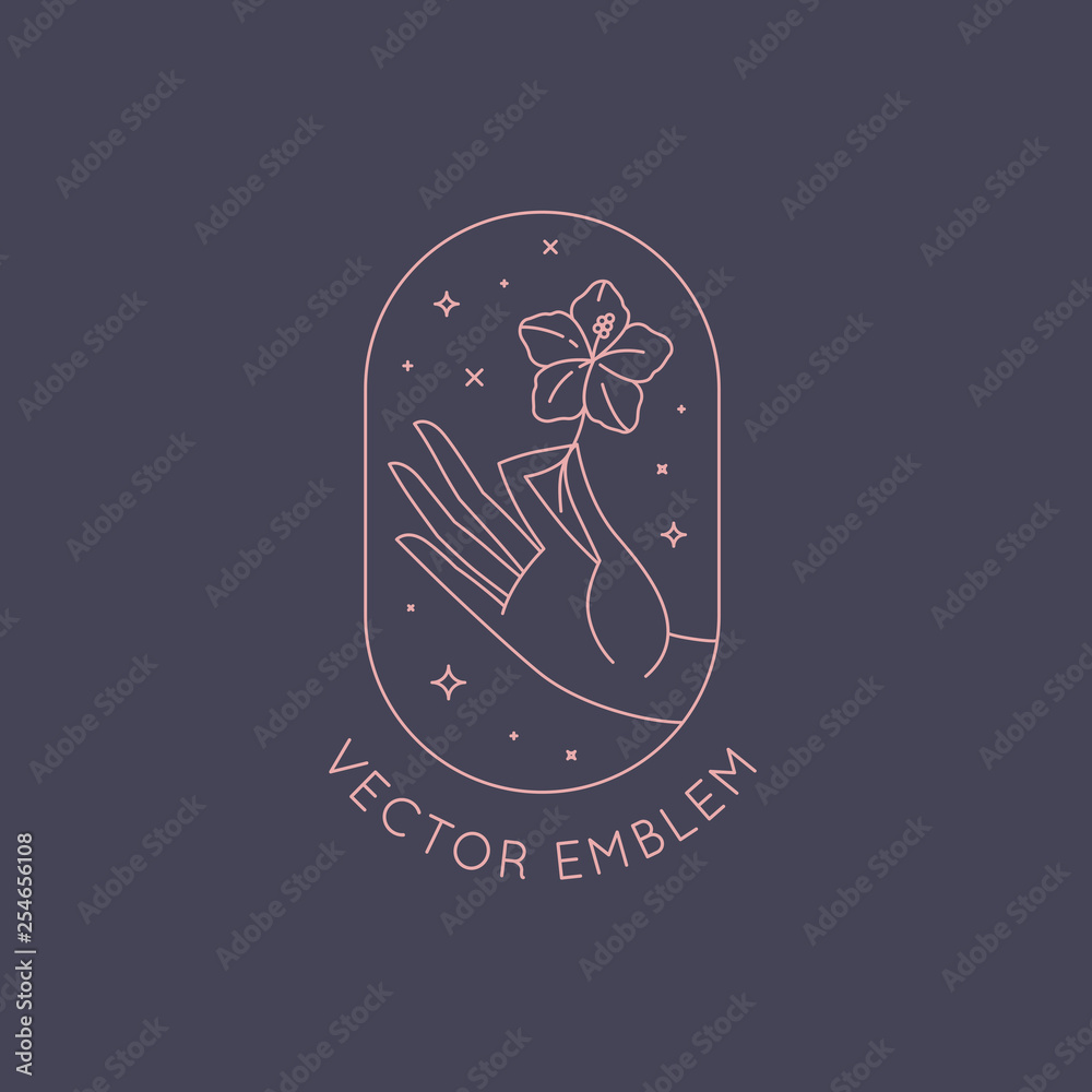 Poster Vector abstract logo design template in trendy linear minimal style - hands with flower and stars