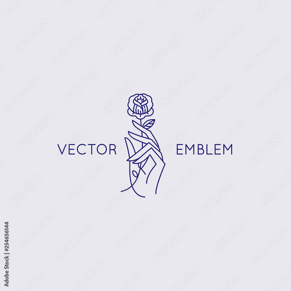 Poster Vector abstract logo design template in trendy linear minimal style - hand with rose