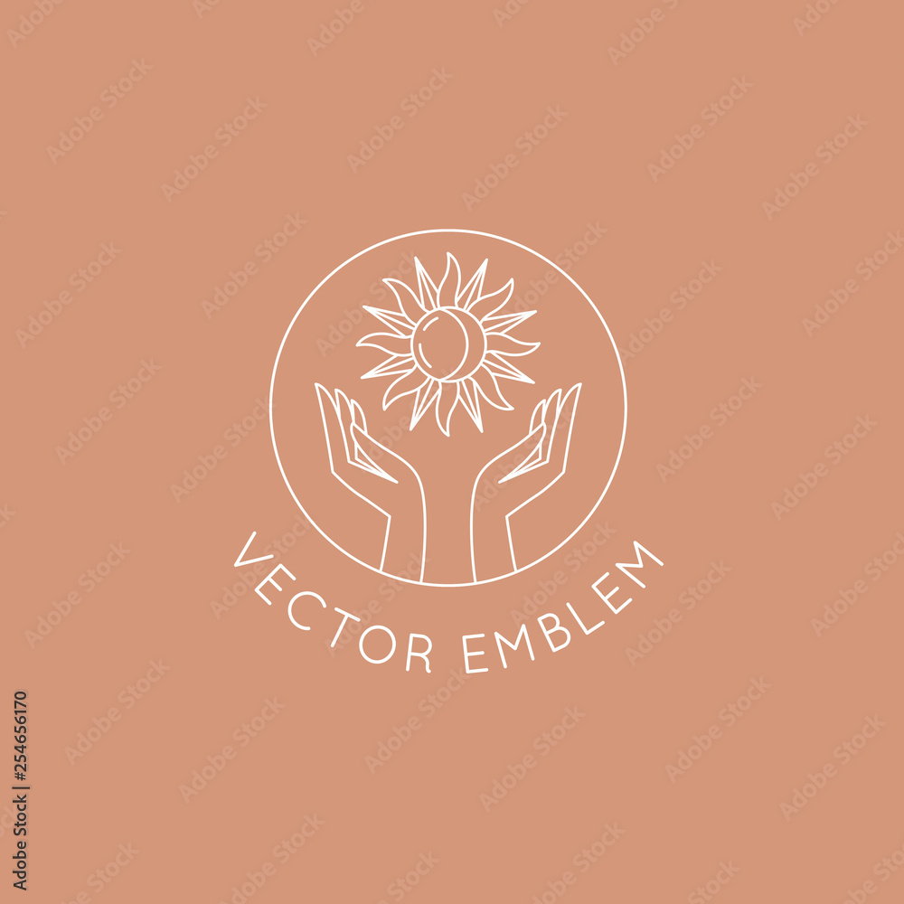 Poster vector abstract logo design template in trendy linear minimal style - hand with sun