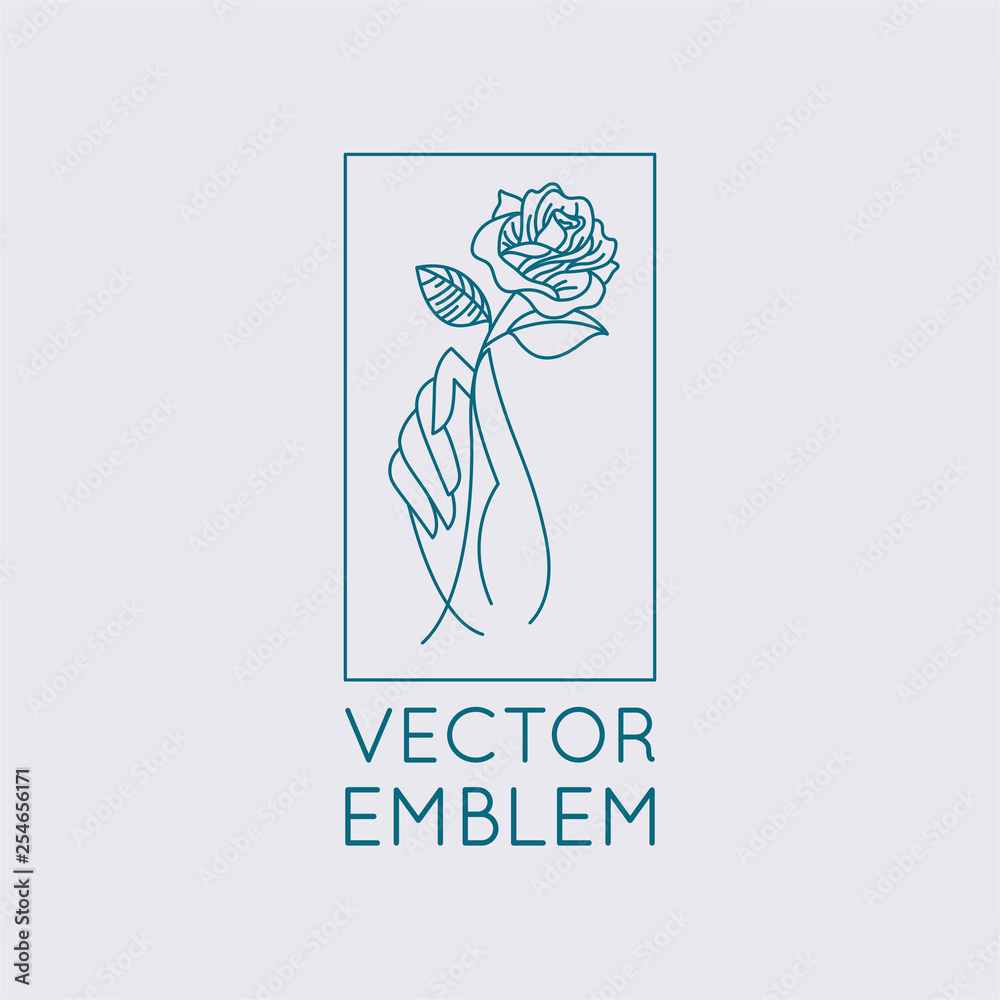 Poster Vector abstract logo design template in trendy linear minimal style - hand with rose