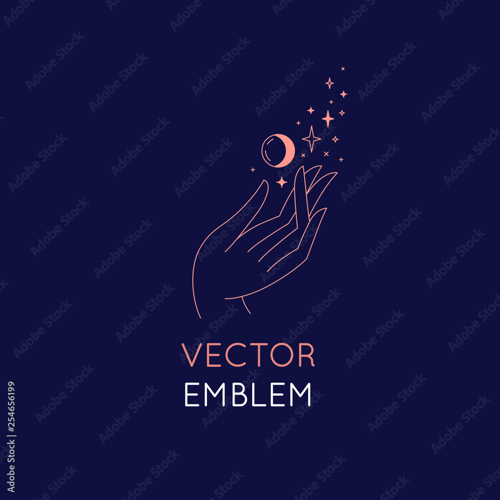 Poster Vector abstract logo design template in trendy linear minimal style - hand with stars and moon