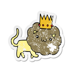 distressed sticker of a cartoon lion with crown