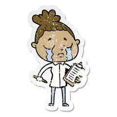 distressed sticker of a cartoon crying saleswoman