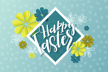 Vector illustration of easter day greetings banner template with hand lettering label - happy easter- with origami paper flowers