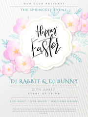 Vector illustration of easter day invitation party poster template with hand lettering label - happy easter- with paper origami spring apple flowers