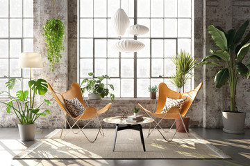 3d rendering of a bohemian style living room with lounge chairs