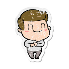 distressed sticker of a cartoon happy man