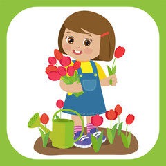 Cute Cartoon Girl With Flower Bouquets Vector. Young Farmer Girl With Tulip Bouquet In The Garden. Colorful Simple Design Vector. Spring Gardening Vector Illustration.