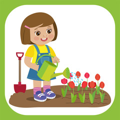 Cute Cartoon Girl With Watering Can Working In Garden. Young Farmer Girl Watering Tulip Flowers. Colorful Simple Design Vector. Spring Gardening Vector Illustration.