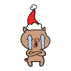 crying pig line drawing of a wearing santa hat
