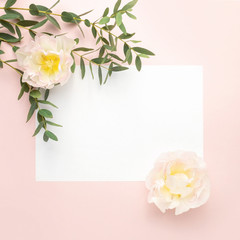 Paper blank, Tulip flowers, eucalyptus branches on pastel pink background. Flat, top view, copy space