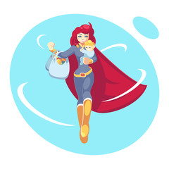 Super mother holding son in her arms and shopping bags. Woman and her boy. Flat style cartoon vector illustration