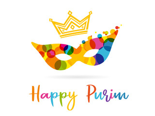 Purim banner with colored mask, design template. Happy Purim text, gold crown and colorful carnival mask. Jewish holiday vector illustration