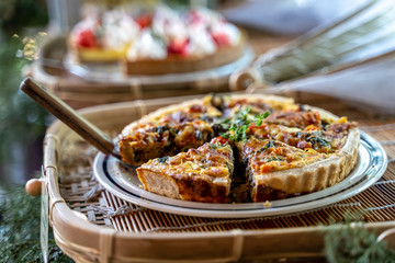 Homemade delicious Caramelized onion tart, spinach quiche.