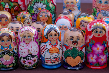 Bright colorful wooden Russian nesting dolls.