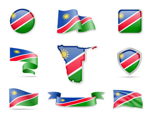 Namibia flags collection. Vector illustration set flags and outline of the country.